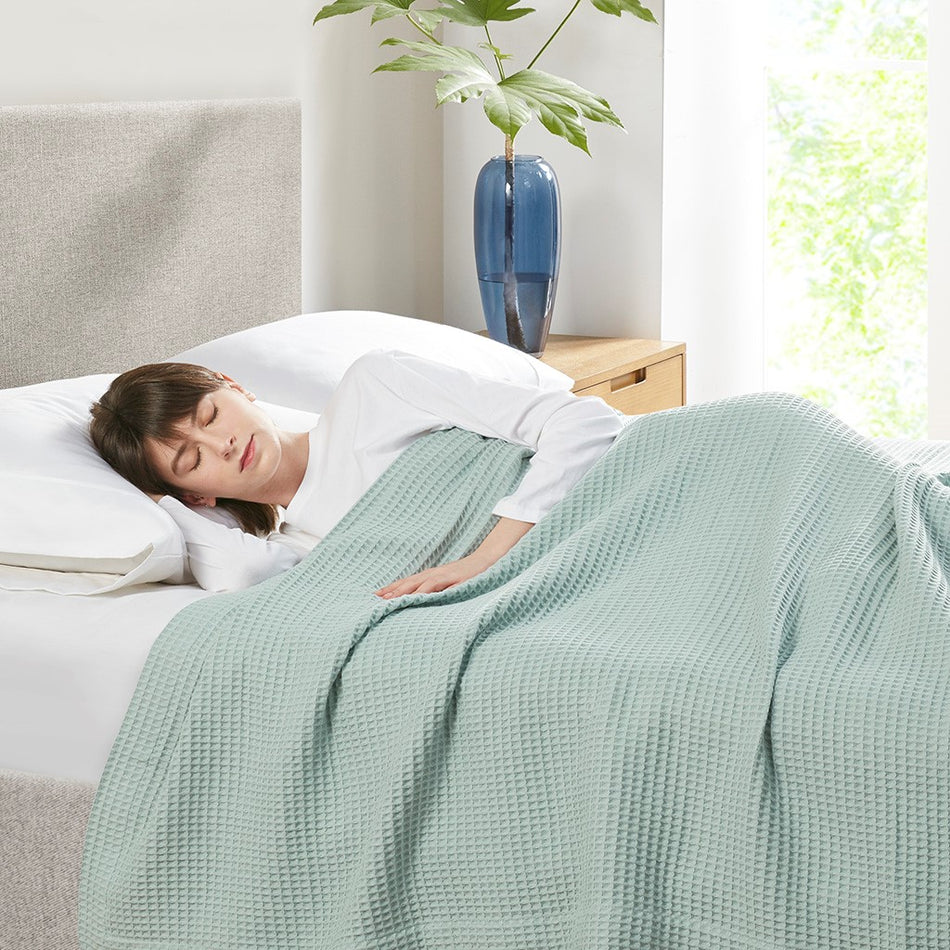 Waffle Weave Cotton Blanket - Aqua - King Size