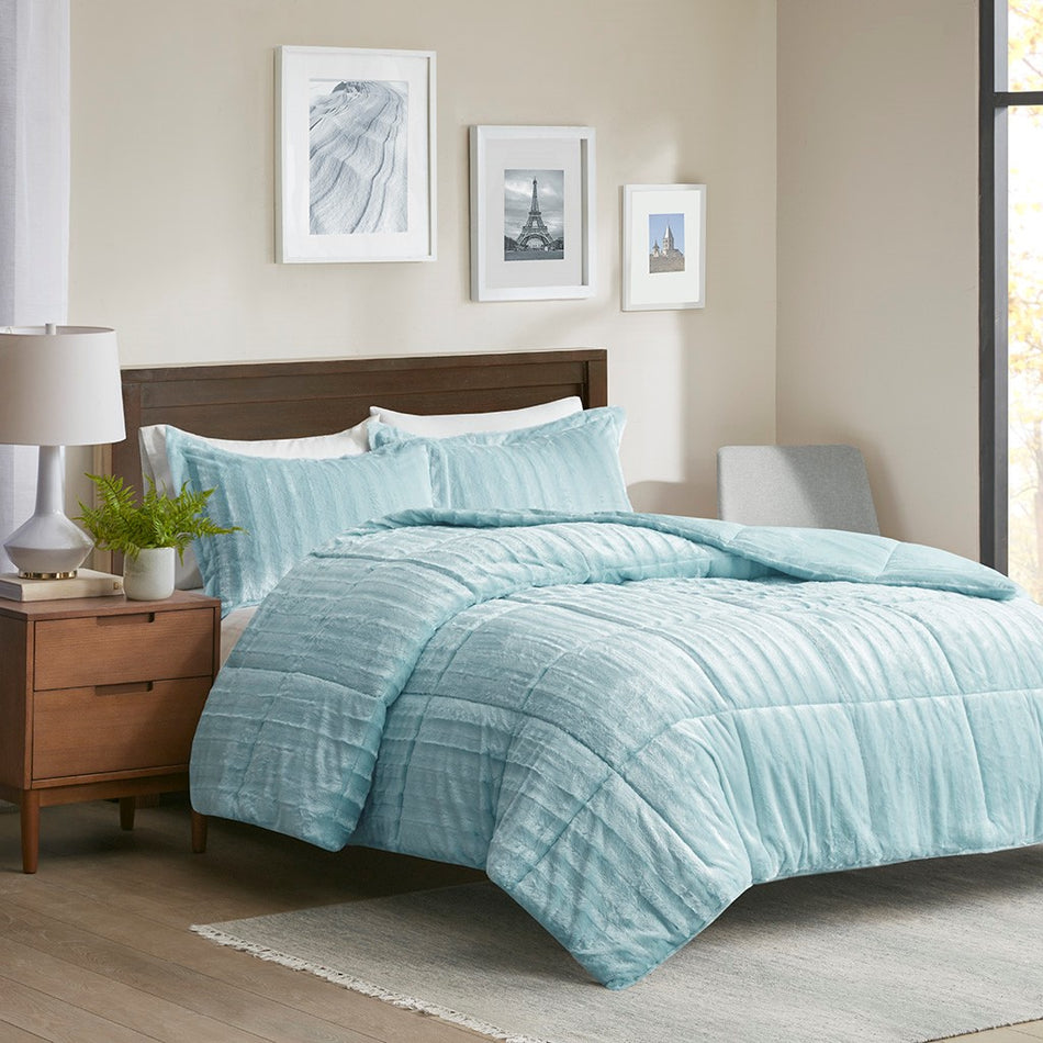 Duke Faux Fur Comforter Mini Set - Aqua - Full Size / Queen Size