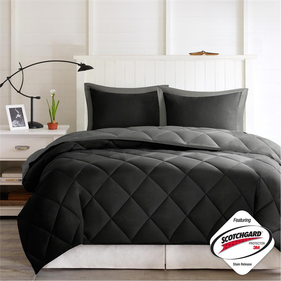 Larkspur 3M Scotchgard Diamond Quilting Reversible Down Alternative Comforter Set - Black / Grey - Full Size / Queen Size