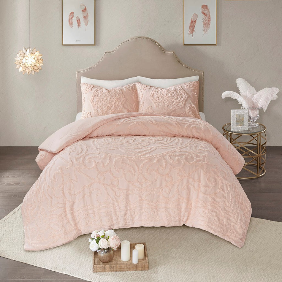 Laetitia 3-Piece Tufted Cotton Chenille Medallion Comforter Set - Blush - Full Size / Queen Size