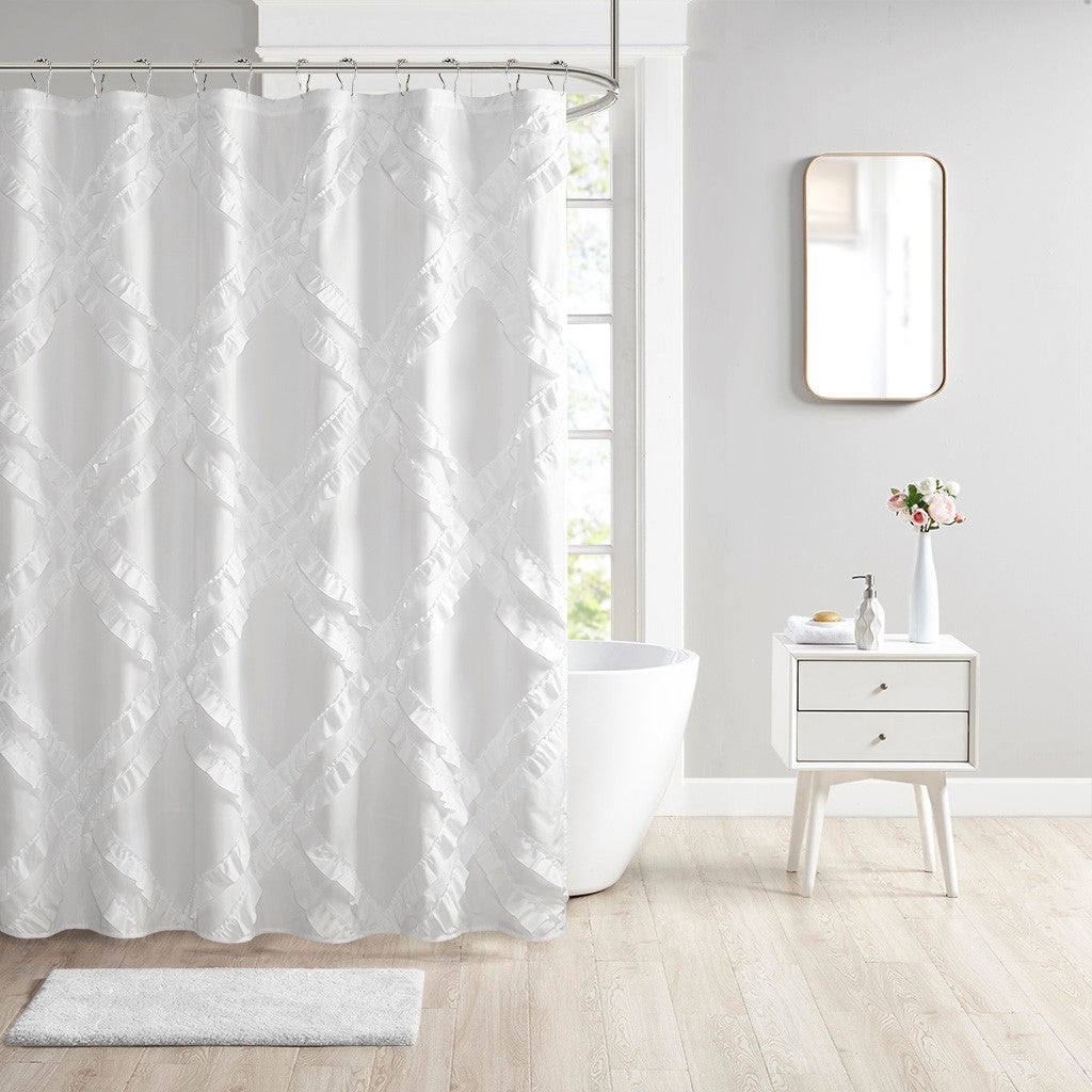 Intelligent Design Kacie Tufted Diamond Ruffle Shower Curtain - White - 72x72"