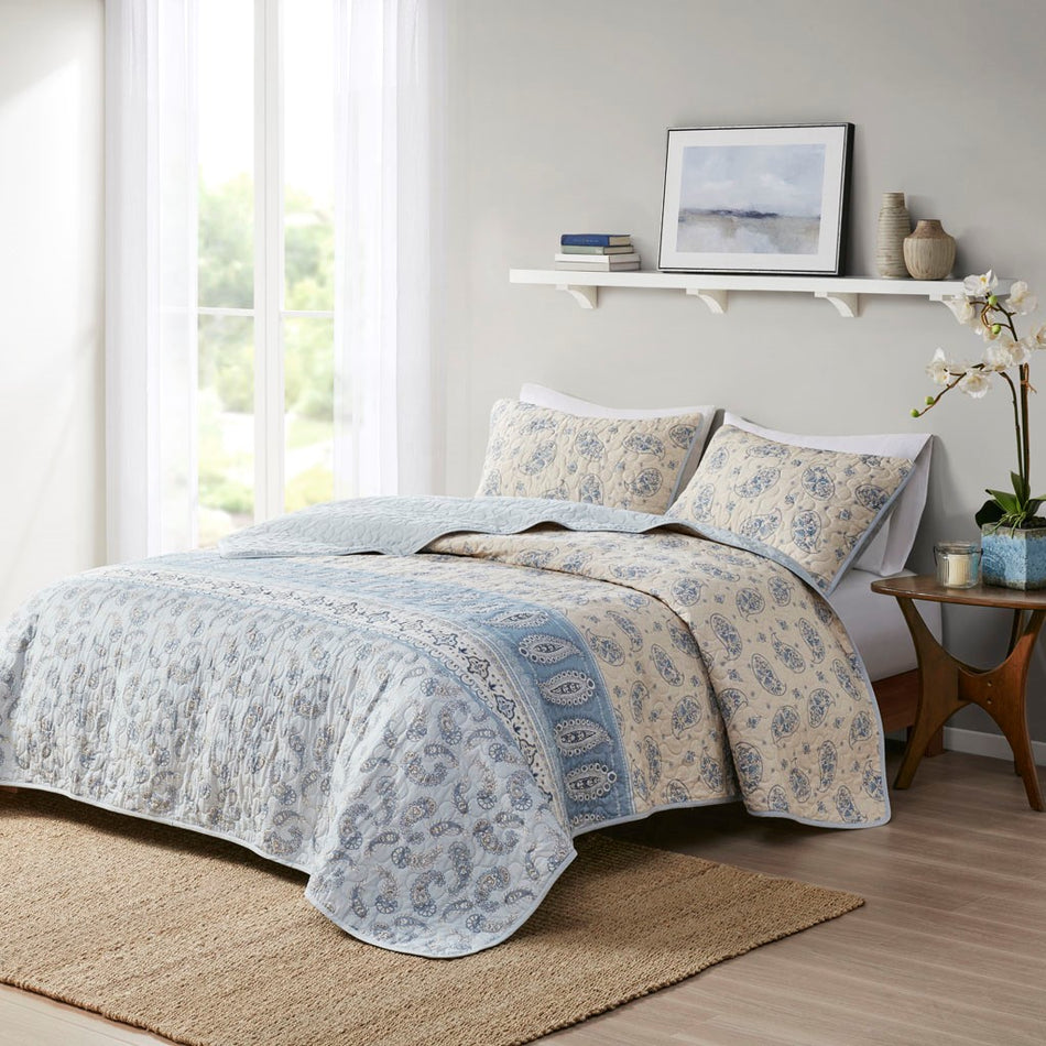 Madison Park April 3 Piece Reversible Cotton Coverlet Set - Blue / Taupe - King Size / Cal King Size