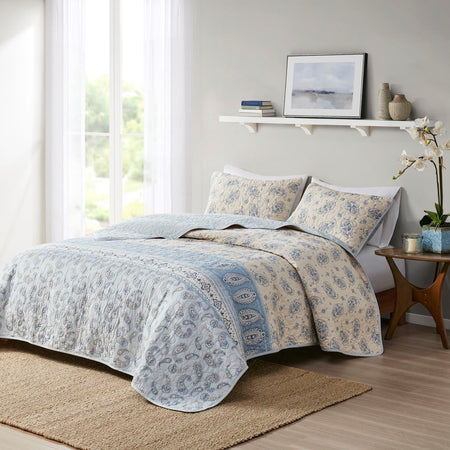 Madison Park April 3 Piece Reversible Cotton Coverlet Set - Blue / Taupe - Full Size / Queen Size