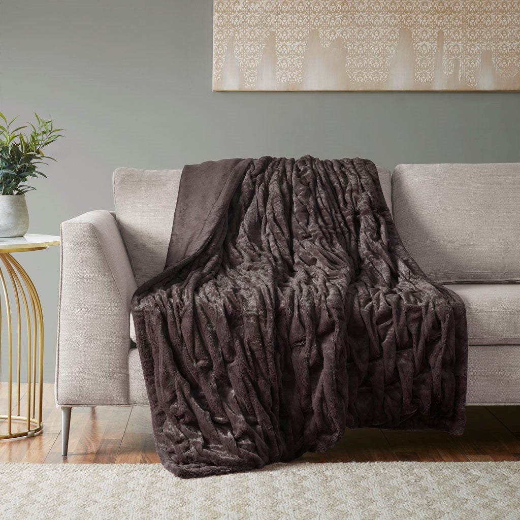 Madison Park Luxury Ruched Fur Throw - Brown  - 50x60" Shop Online & Save - expresshomedirectr.com