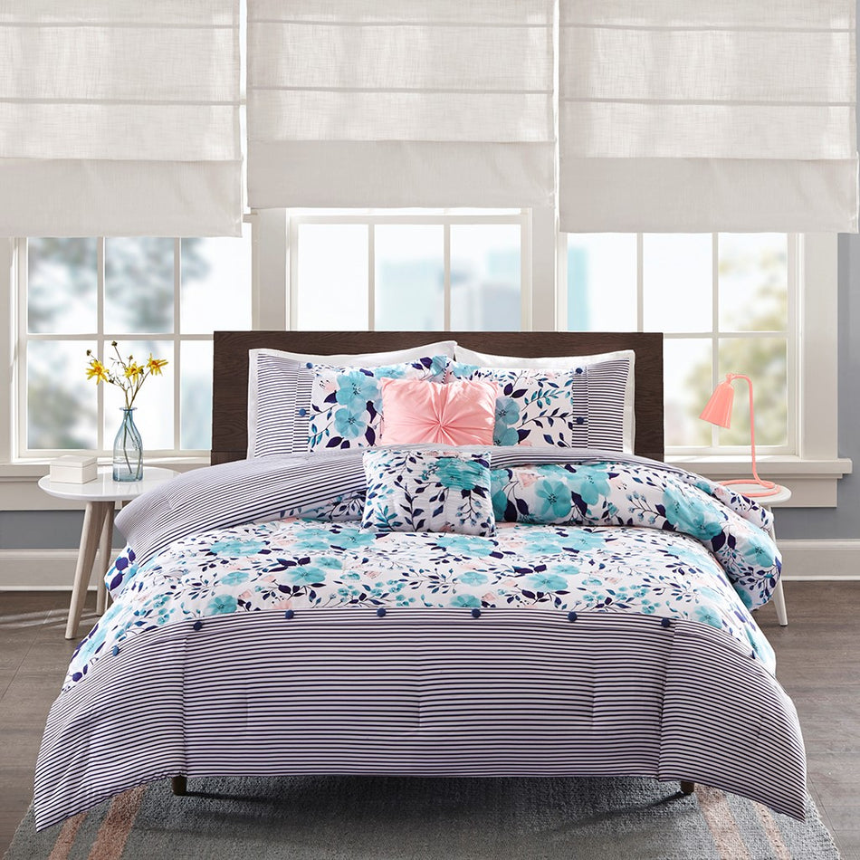 Delle Reversible Comforter Set - Blue - Twin Size / Twin XL Size