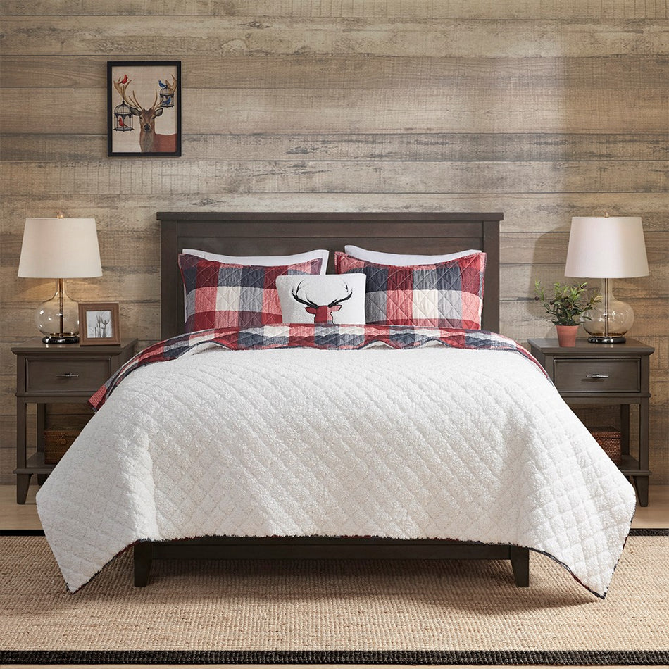 Pines Hill 4 Piece Printed Herringbone to Sherpa Reversible Coverlet Set - Red - King Size / Cal King Size