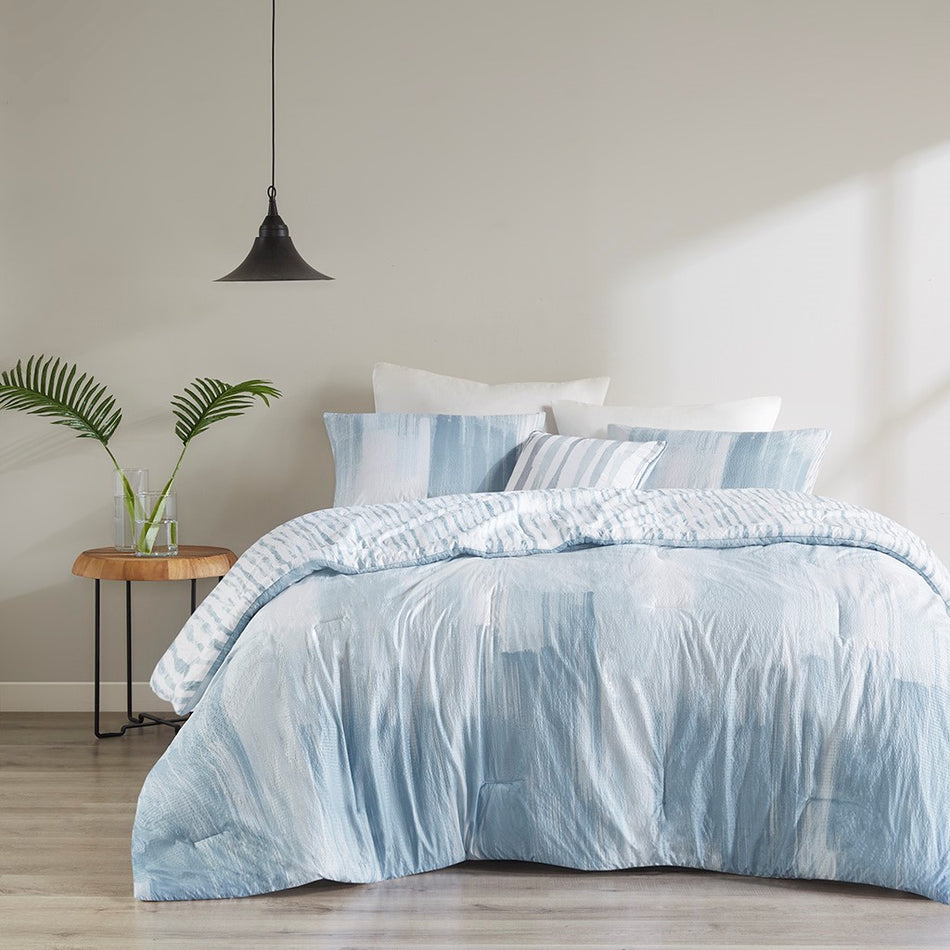 N Natori Brush Stroke 4 Piece Oversized Reversible Seersucker Comforter Set - Blue - Full Size / Queen Size