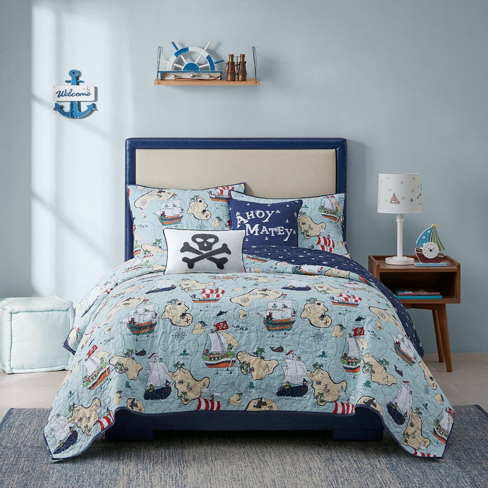 Pirate Adventure Cotton Reversible Coverlet Set - Blue - Twin Size