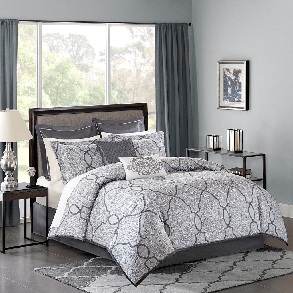 Madison Park Lavine 12 Piece Complete Bed Set - Silver - Queen Size