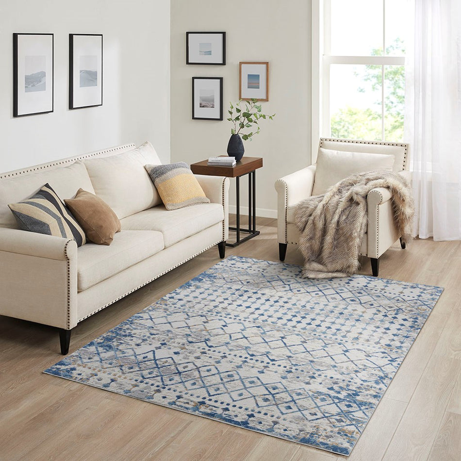 Madison Park Hannah Moroccan Global Woven Area Rug - Blue / Cream - 8x10'