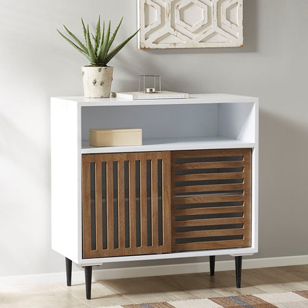 INK+IVY Serenity Mid Century Sliding Slat Door Accent Cabinet - White / Brown 