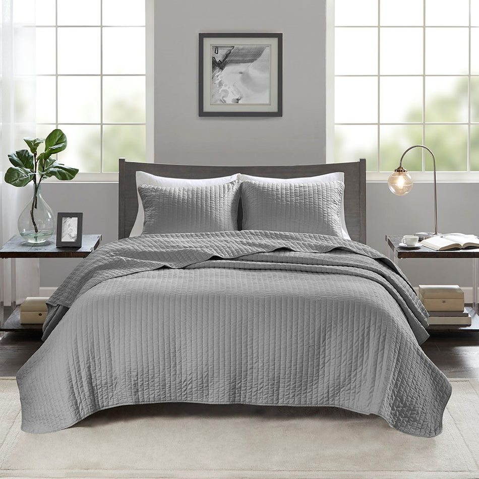 Madison Park Keaton 3 Piece Quilt Set - Grey  - Twin Size / Twin XL Size Shop Online & Save - expresshomedirectr.com