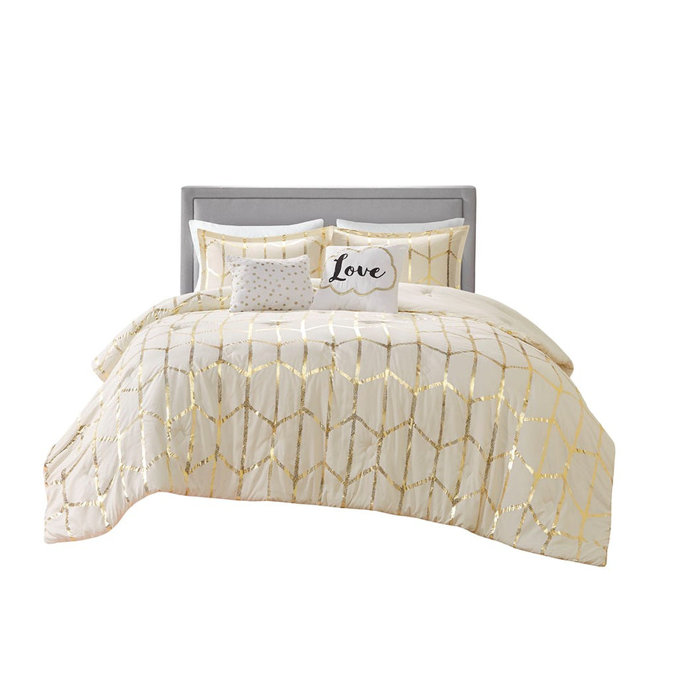 Raina Metallic Printed Comforter Set - Ivory / Gold - King Size / Cal King Size