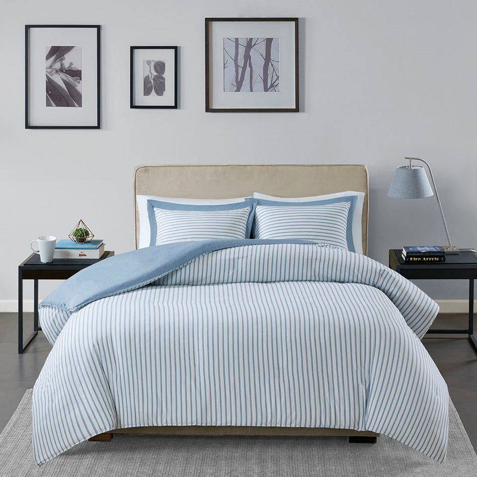 Hayden Reversible Yarn Dyed Stripe Duvet Cover Set - Blue - Full Size / Queen Size