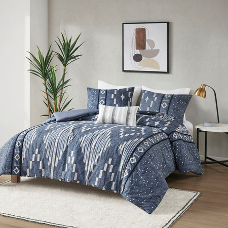 INK+IVY Inari Cotton Printed Comforter Set With Trims - Indigo Blue - King Size / Cal King Size