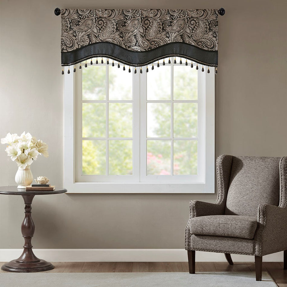 Madison Park Aubrey Jacquard Window Rod Pocket Valance With Beads - Black - 50x18"