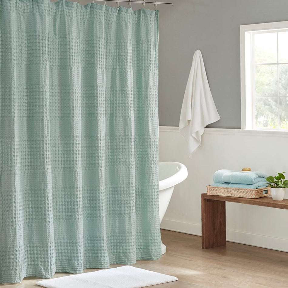 Madison Park Arlo Super Waffle Textured Solid Shower Curtain - Seafoam - 72x72"