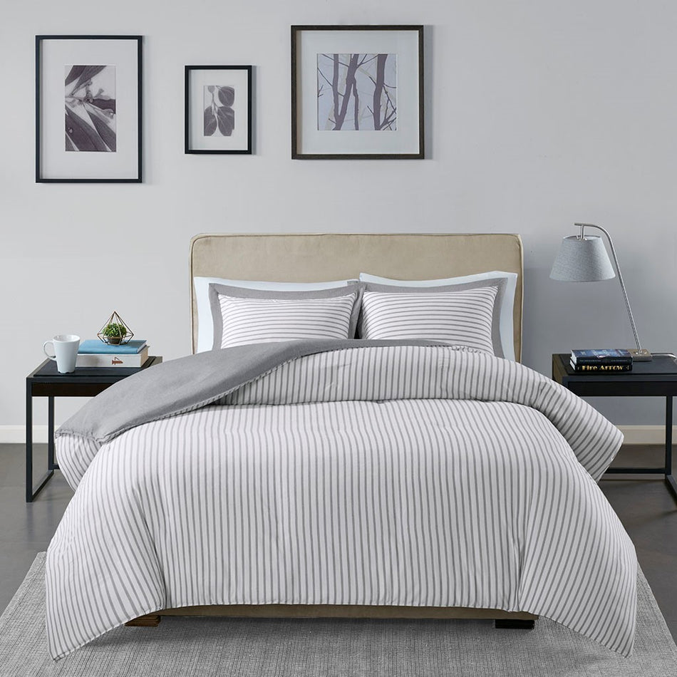 Hayden Reversible Yarn Dyed Stripe Duvet Cover Set - Grey - Full Size / Queen Size