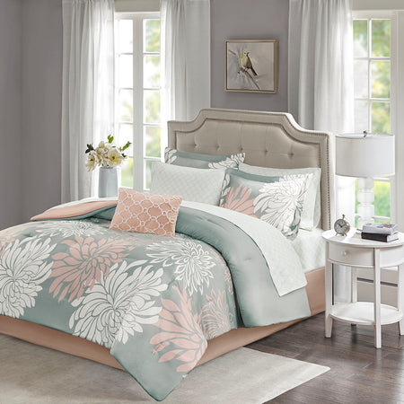 Madison Park Essentials Maible 9 Piece Comforter Set with Cotton Bed Sheets - Blush / Grey - Full Size