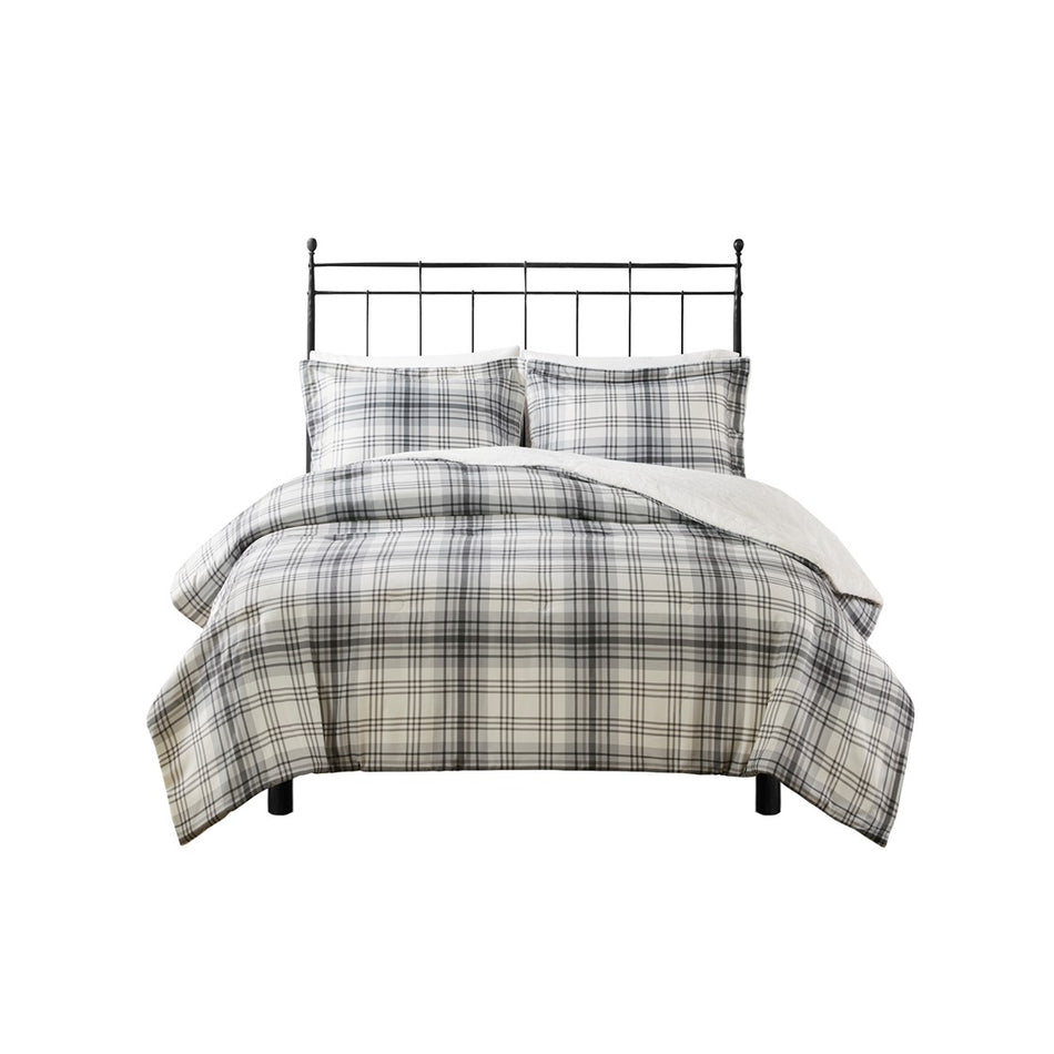 Bernston Faux Wool to Faux Fur Down Alternative Comforter Set - Gray Plaid - King Size / Cal King Size