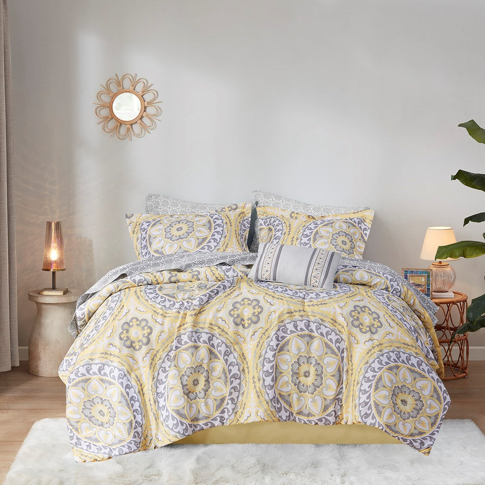 Serenity 9 Piece Comforter Set with Cotton Bed Sheets - Yellow - Queen Size