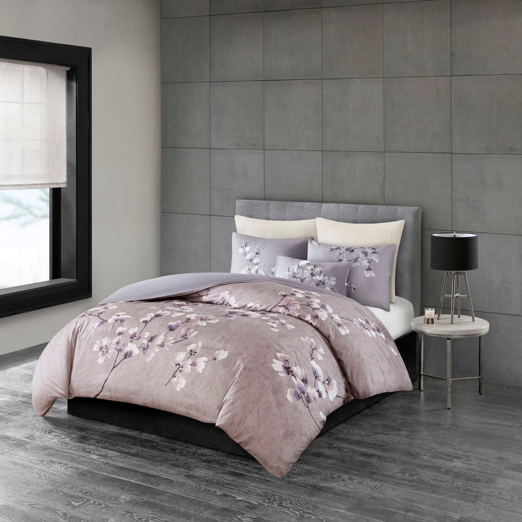 N Natori Sakura Blossom 3 Piece Cotton Sateen Printed Duvet Cover Set - Lilac - Full Size / Queen Size