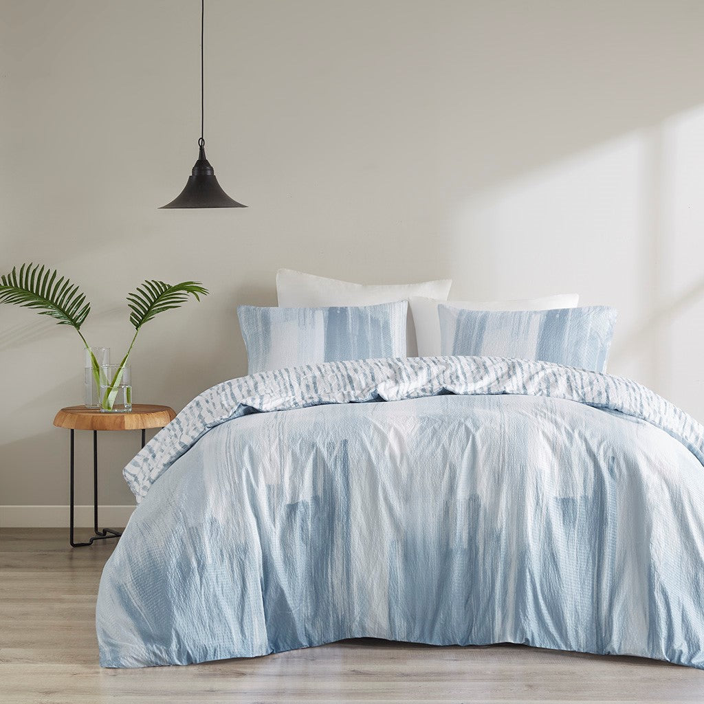 N Natori Brush Stroke 3 Piece Oversized Reversible Seersucker Duvet Cover Mini Set - Blue - King Size