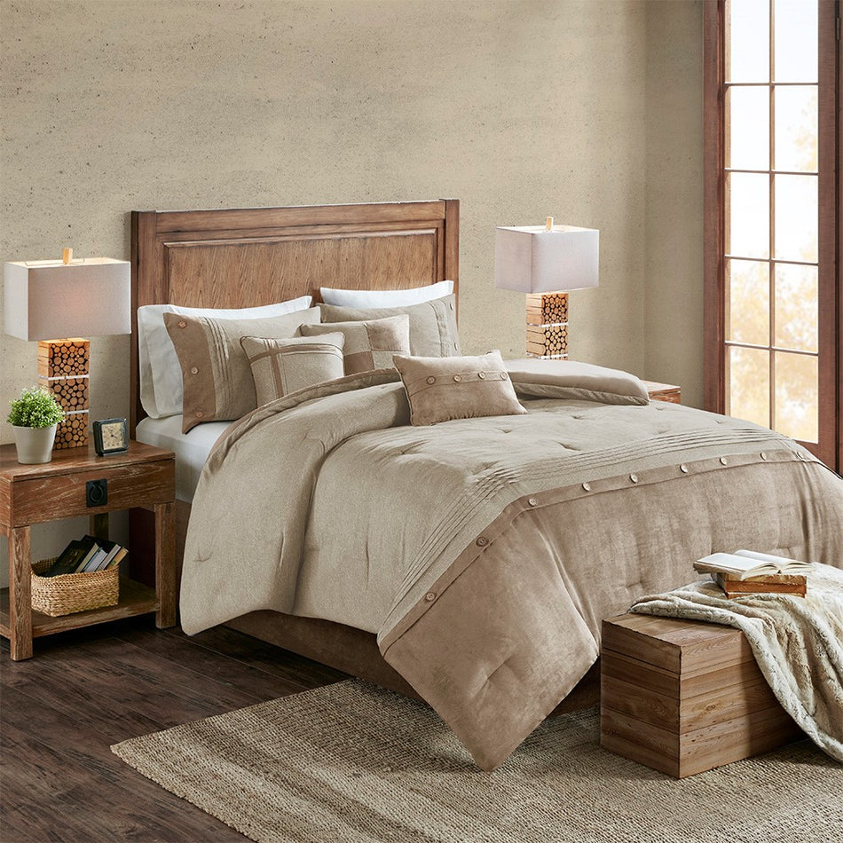 Madison Park Boone 7 Piece Faux Suede Comforter Set - Tan - Cal King Size