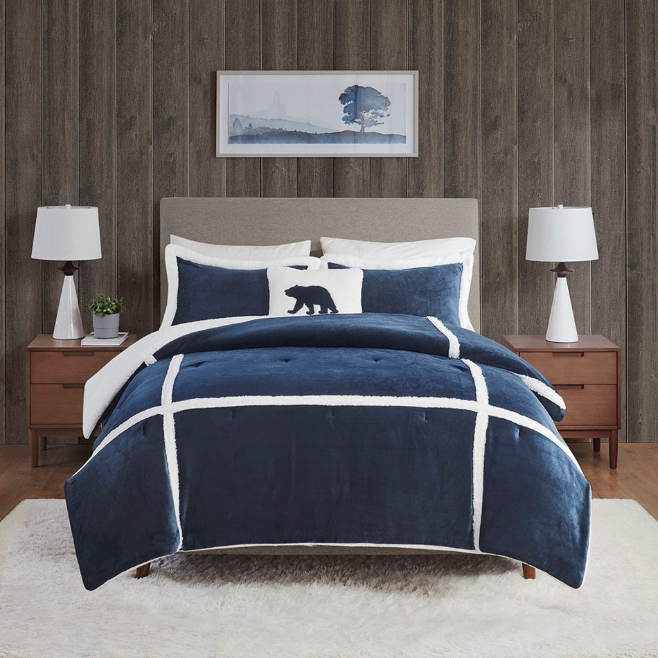 Orlen Plush to Sherpa Comforter Set - Navy - Full Size / Queen Size