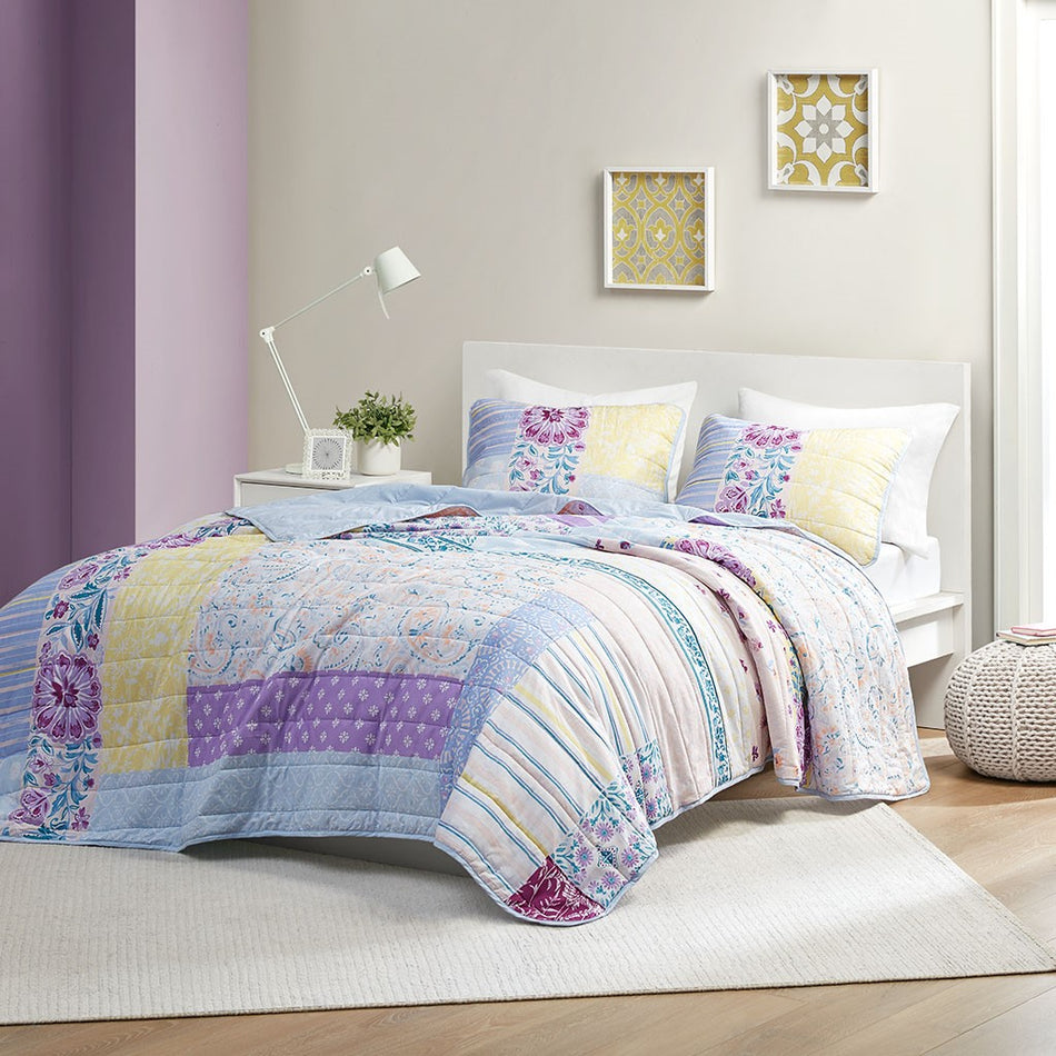 Emmaline Patchwork Printed Cotton Reversible Coverlet Set - Blue / Purple - Full Size / Queen Size