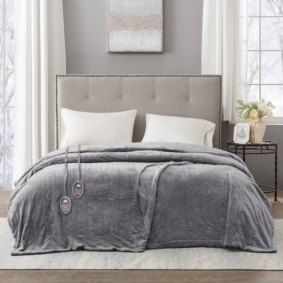 Beautyrest Heated Plush Blanket - Grey  - Twin Size Shop Online & Save - expresshomedirectr.com