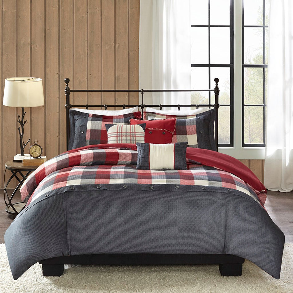 Ridge 6 Piece Herringbone Duvet Cover Set - Red - King Size / Cal King Size