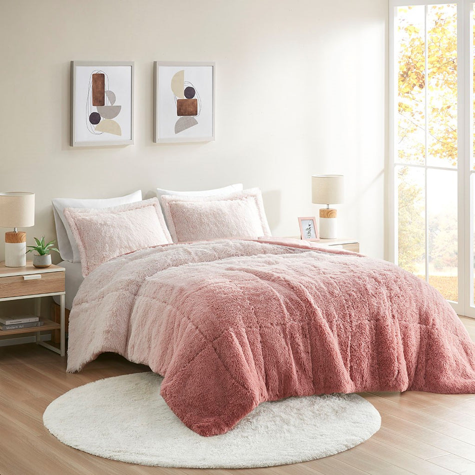 Intelligent Design Brielle Ombre Shaggy Long Fur Comforter Mini Set - Blush - Full Size / Queen Size