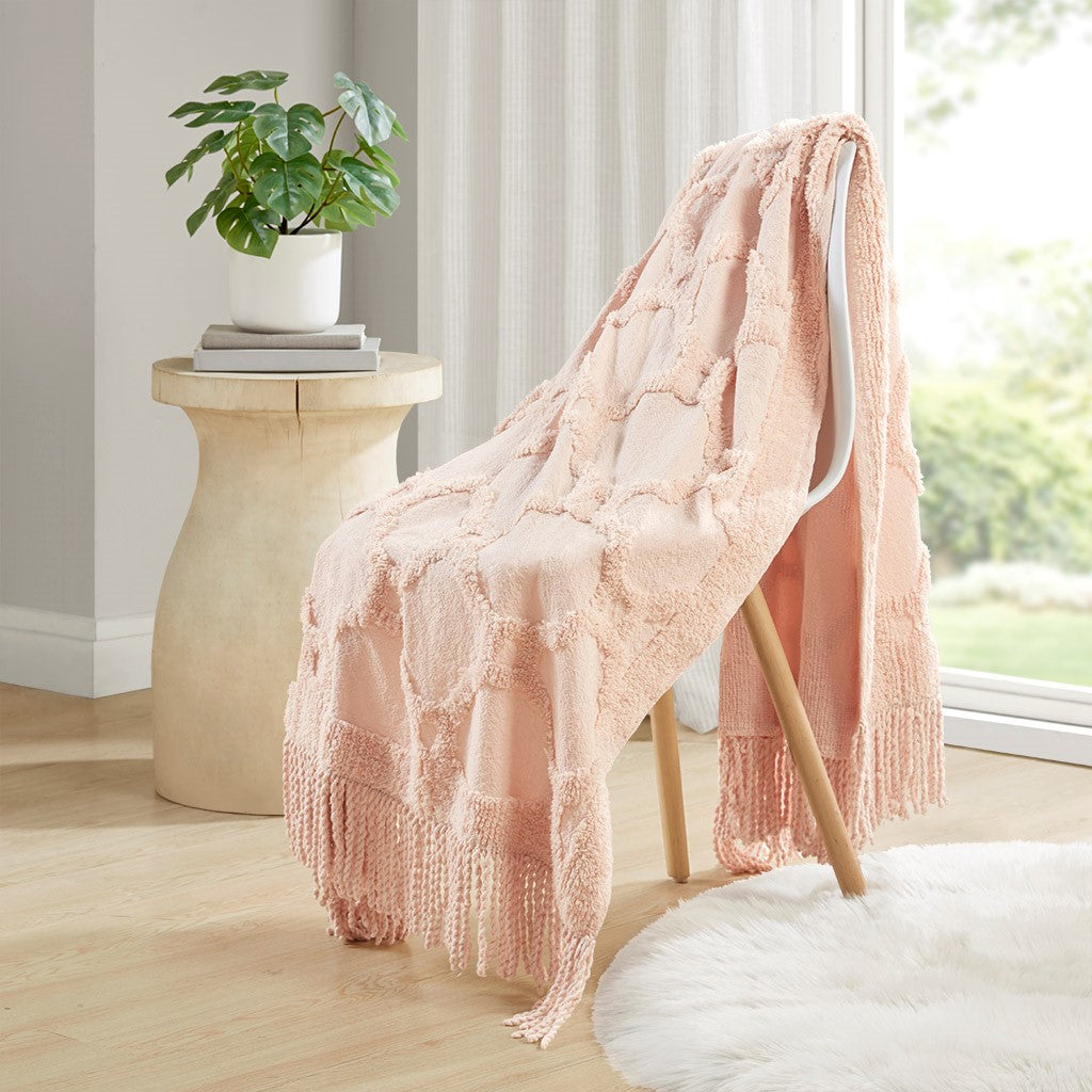 Madison Park Brianne 100% Cotton Tufted Chenille Lightweight Throw With Fringe Tassel 50" x 60" - Blush - 50x60"