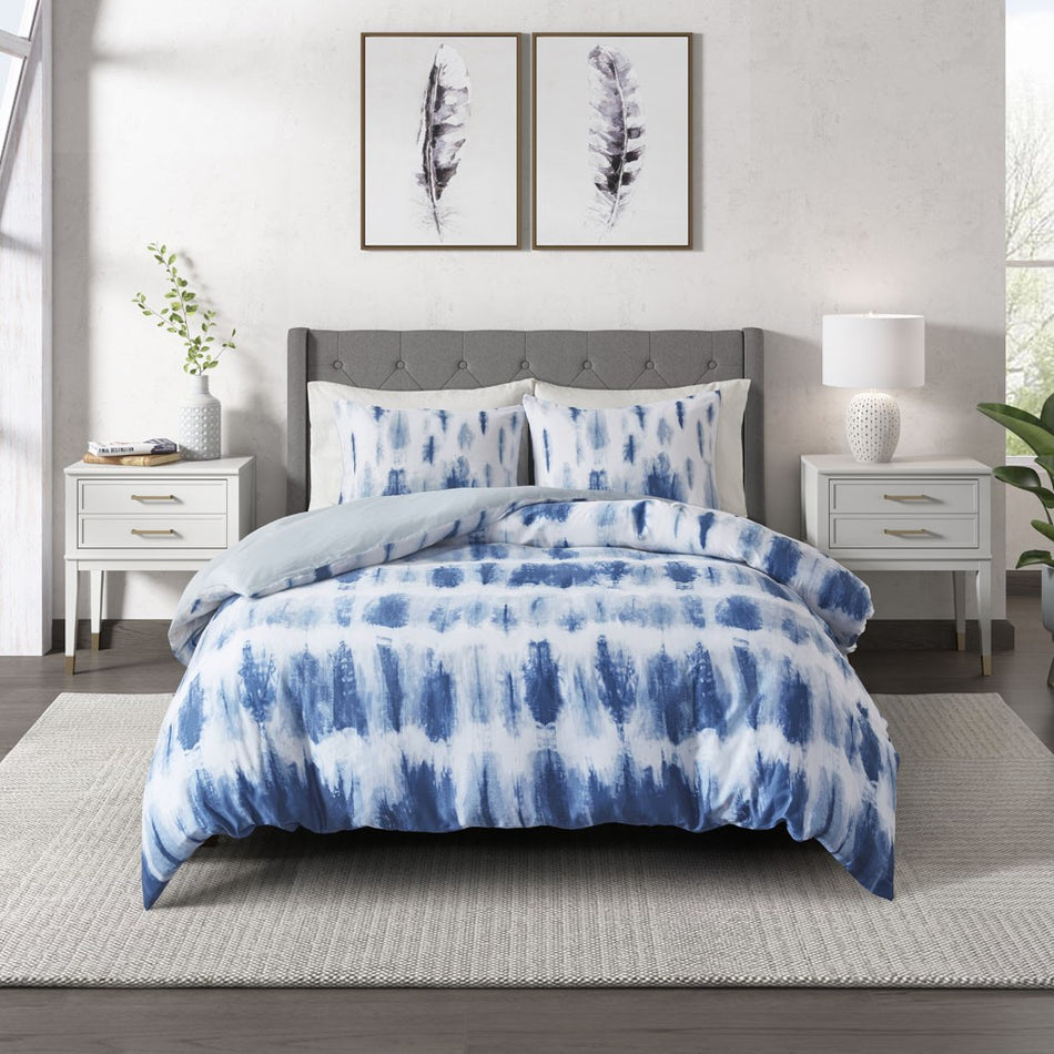 Tie Dye Cotton Printed Duvet Cover Set - Blue - Full Size / Queen Size