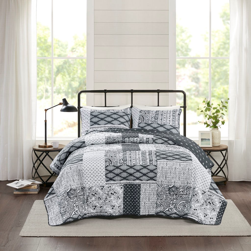 Madison Park Cassel 3 Piece Reversible Microfiber Quilt Set - Black  - Full Size / Queen Size Shop Online & Save - expresshomedirectr.com