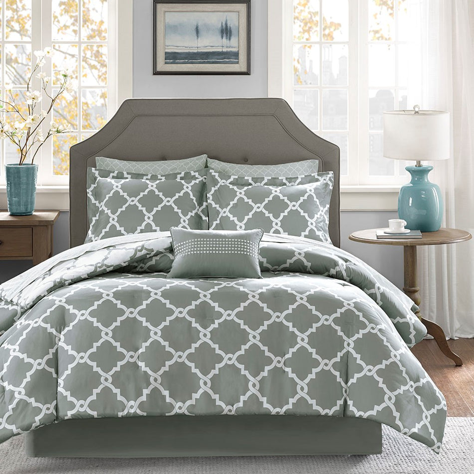 Madison Park Essentials Merritt 9 Piece Comforter Set with Cotton Bed Sheets - Grey  - Full Size Shop Online & Save - expresshomedirectr.com