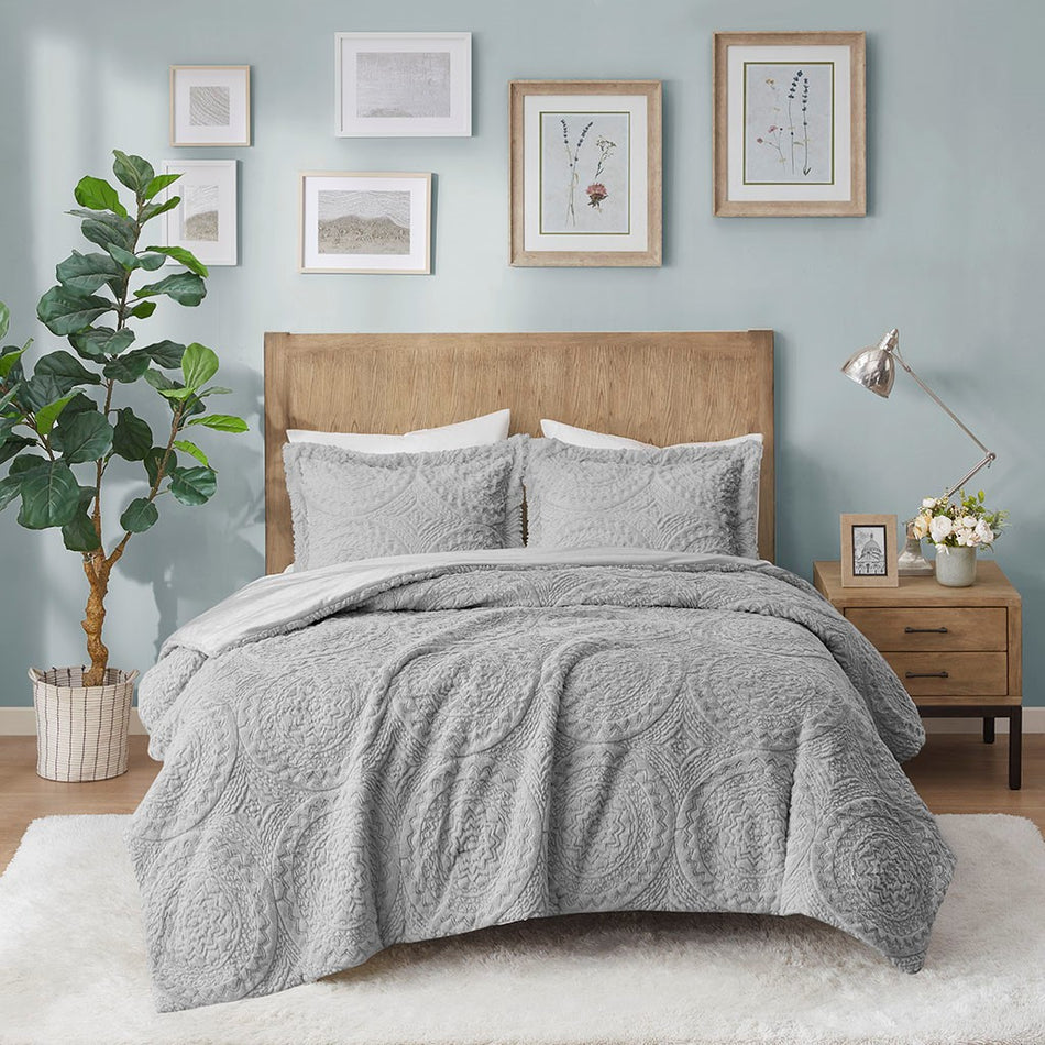 Arya Embroidered Medallion Faux Fur Ultra Plush Comforter Mini Set - Grey - Twin Size