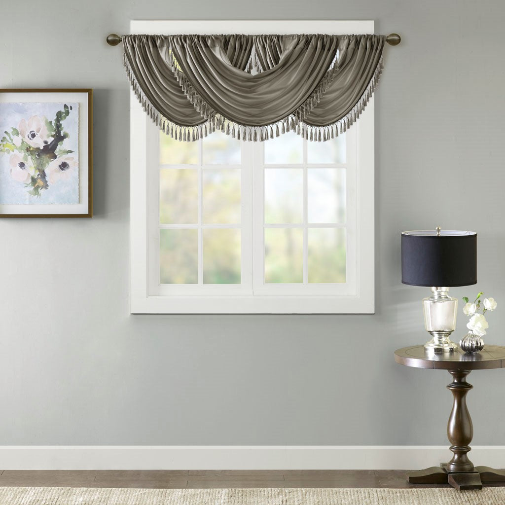 Madison Park Elena Faux Silk Waterfall Embellished Valance - Charcoal - 38x46"