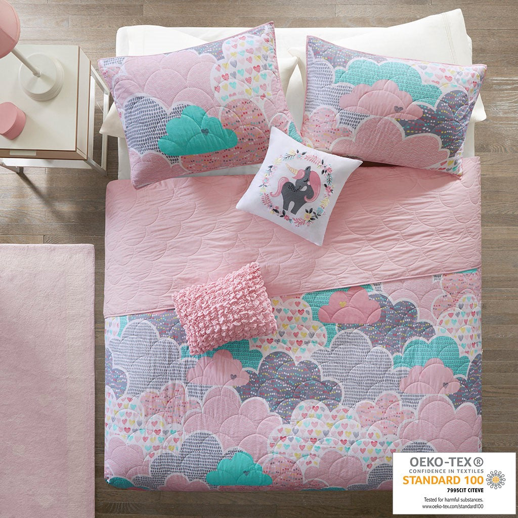 Urban Habitat Kids Cloud Reversible Cotton Quilt Set with Throw Pillows - Pink - Twin Size