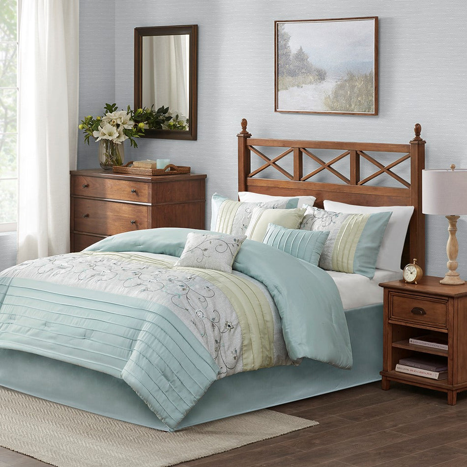 Madison Park Serene Embroidered 7 Piece Comforter Set - Aqua - Cal King Size