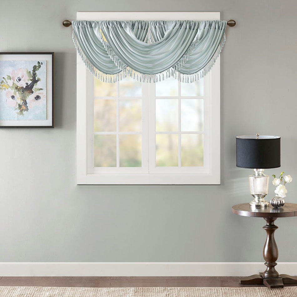 Madison Park Elena Faux Silk Waterfall Embellished Valance - Dusty Aqua - 38x46"