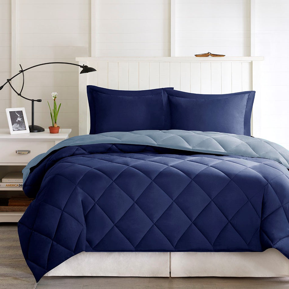 Madison Park Essentials Larkspur 3M Scotchgard Diamond Quilting Reversible Down Alternative Comforter Set - Navy / Light Blue - King Size