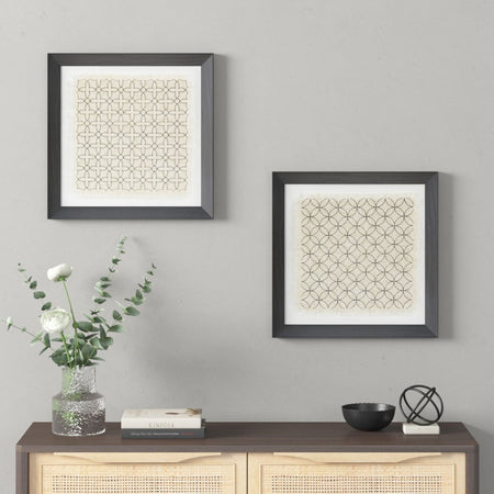 Madison Park Parquet Black and White Printed Linen Framed 13.41x13.41" 2 Piece Set - Beige / Natural 