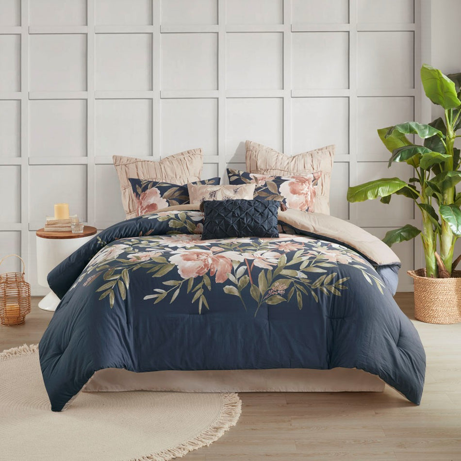 Madison Park Camillia 8 Piece Cotton Comforter Set - Navy  - Cal King Size Shop Online & Save - expresshomedirectr.com