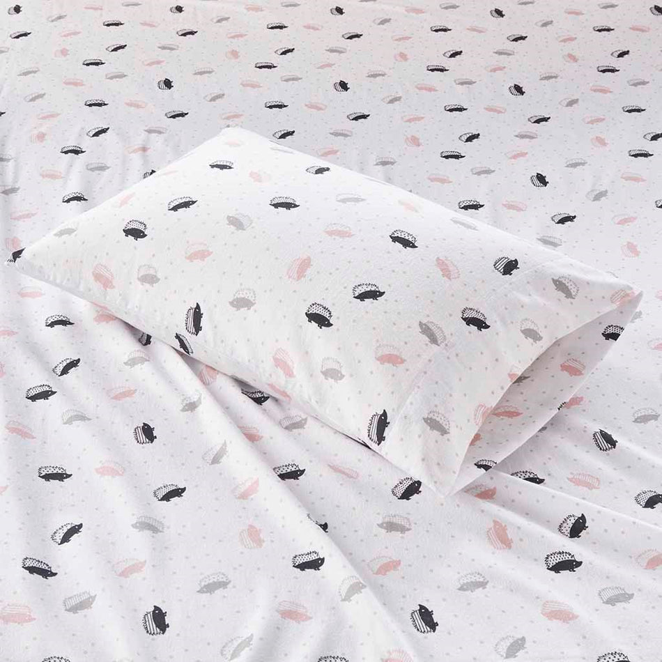 Cozy Soft Cotton Flannel Printed Sheet Set - Pink / Grey Hedgehogs - Full Size