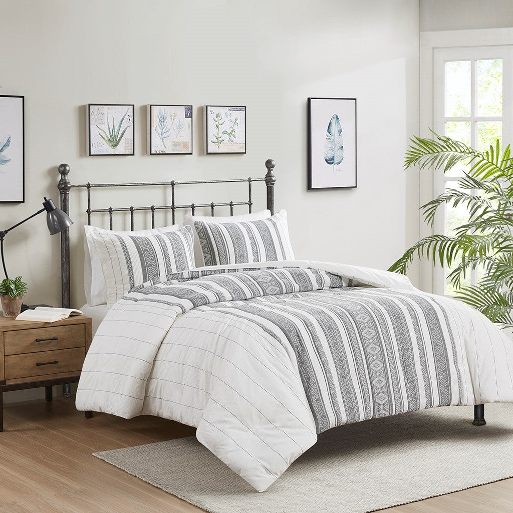 Madison Park Landry 3 Piece Cotton Waffle Jacquard Duvet Cover Set - Gray - Full Size / Queen Size