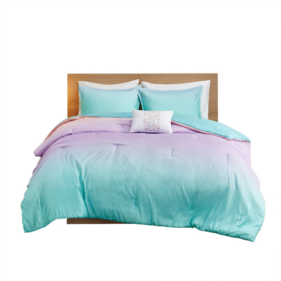 Glimmer Metallic Glitter Printed Reversible Comforter Set - Aqua - Full Size / Queen Size