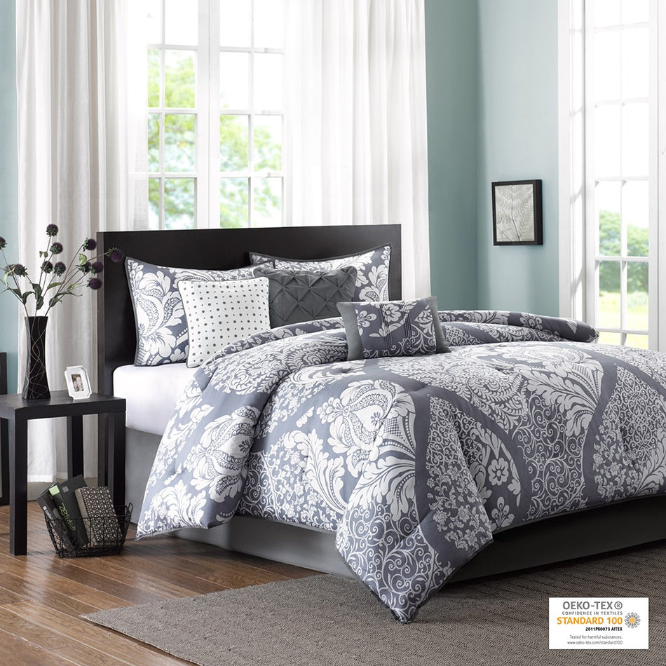 Madison Park Vienna 7 Piece Cotton Printed Comforter Set - Grey - Cal King Size