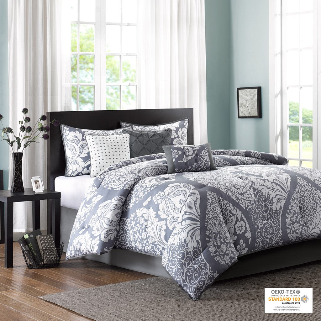 Madison Park Vienna 7 Piece Cotton Printed Comforter Set - Grey - Queen Size